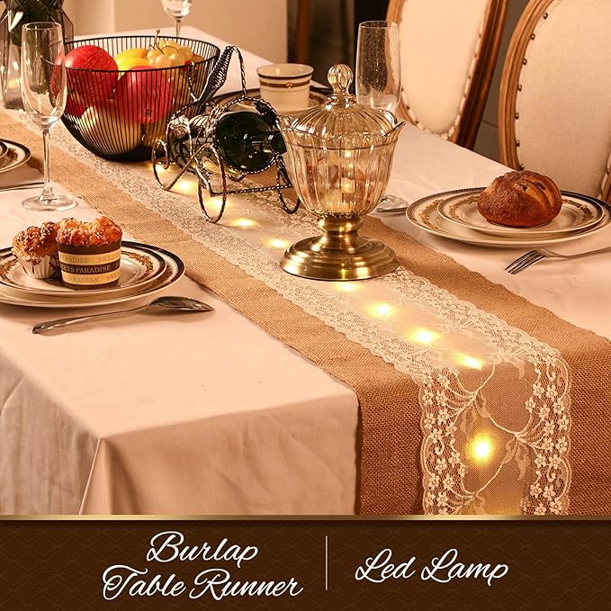 Burlap Table Runner with LED String Lights Rustic 12" x 108" Christmas - Image 2