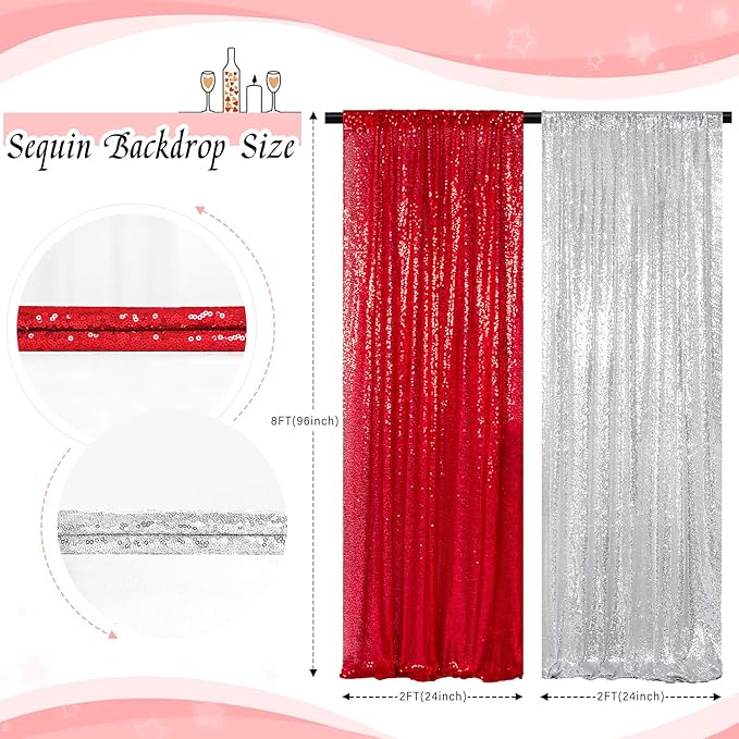 ShinyBeauty 4 Panels Sequin Photo Backdrop 2FTx8FT Red & Silver Curtains - Image 2