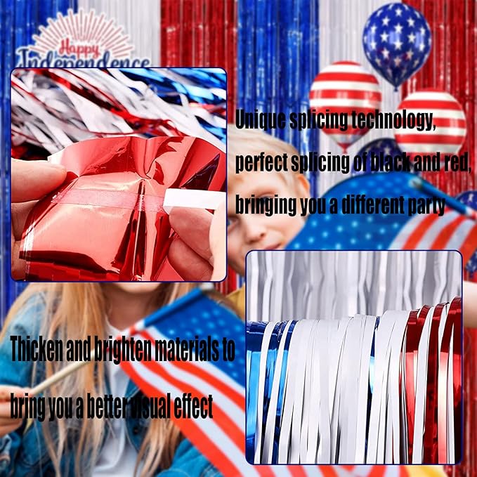 4 Pack Red Blue White Foil Fringe Curtain Backdrop, 3.28Ft x 8.2Ft Metallic - Image 3