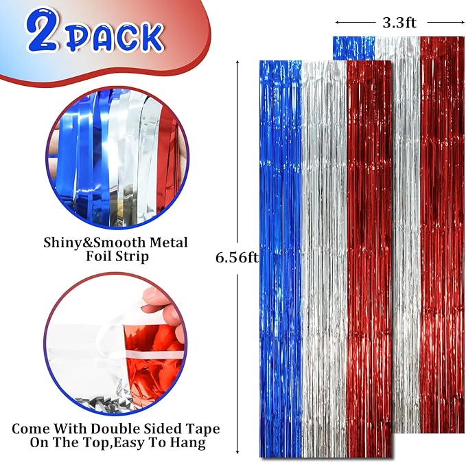 2 Pack Blue Red Silver Foil Fringe Backdrop Curtains, Tinsel Streamers Party - Image 2