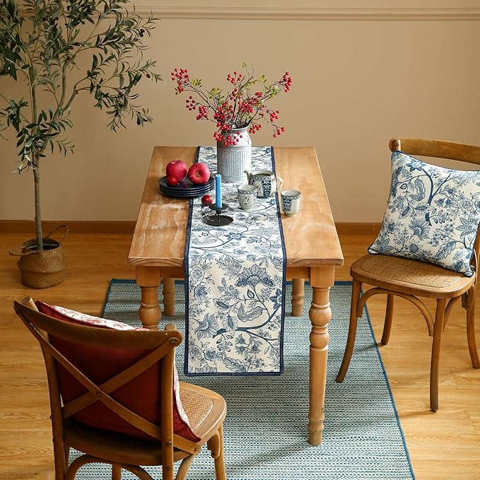 ISAENNE Designer Chinoiserie Elegant Linen Extra Long Table Runner 118 Inches - Image 8