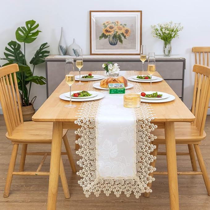 Beige lace Premium Rectangle Farmhouse Table Runner Waterproof OilProof by BrekSdat