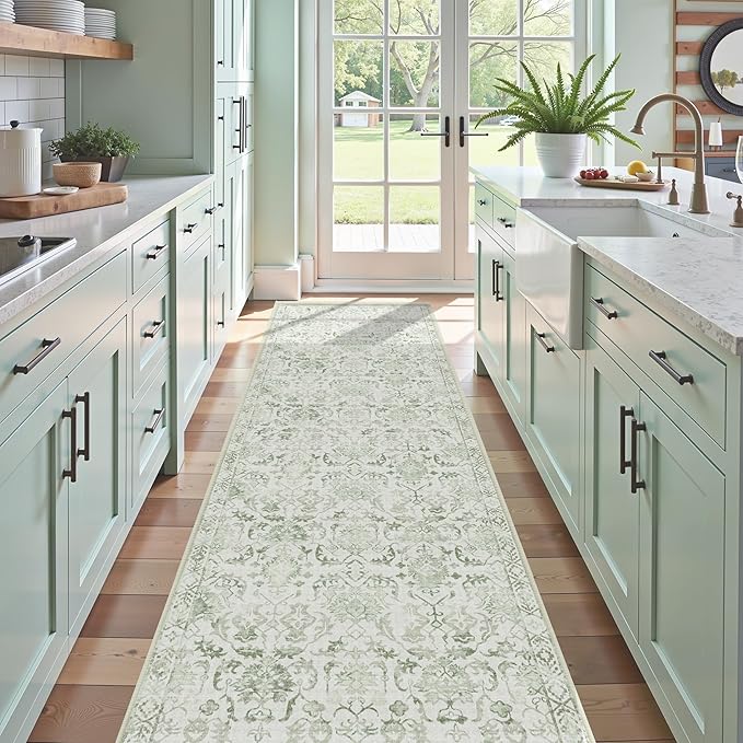 Sage 3x12 Runner Rug for Hallways Bed Side Kitchen, Boho Washable Distressed by Deerly