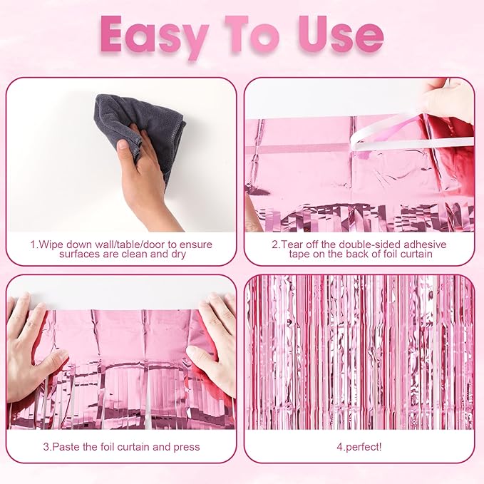2 Pack Light Pink Foil Fringe Backdrop Curtains, Tinsel Streamers Birthday - Image 4