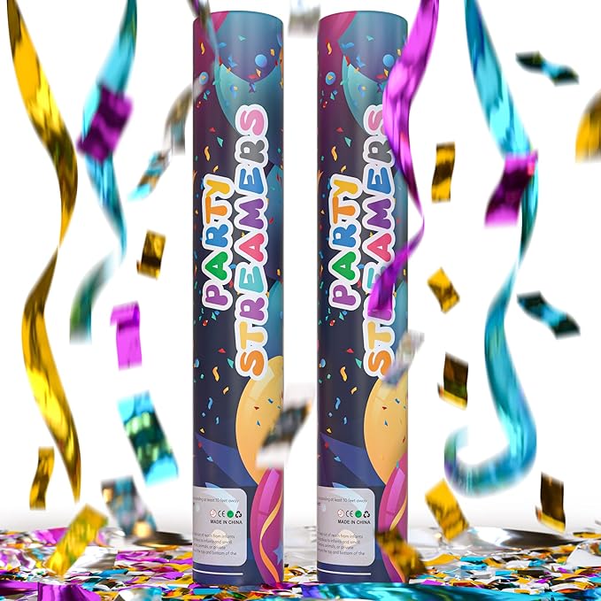 No Mess Streamer Confetti Cannon Party Poppers | 2 Pack | Multicolor Streamers by TURPartySupplies