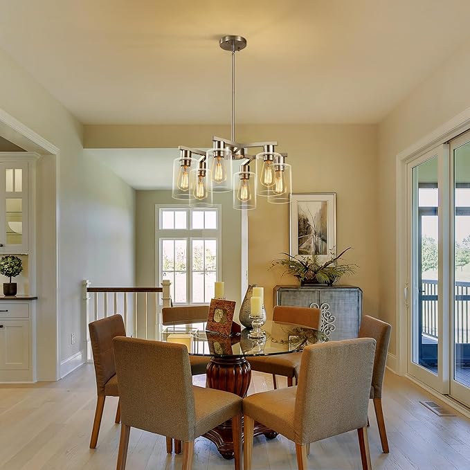 6-Light Modern Farmhouse Brushed Nickel Chandelier, Dining Room Light Fixture - Image 3