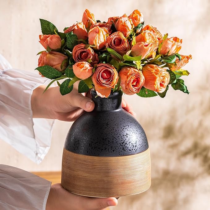 Black and Brown Rustic Farmhouse Flower Round Ceramic Striped Vase, Modern - Image 2