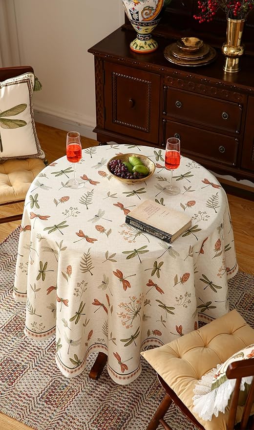 ISAENNE Designer Floral Linen Small Round Tablecloth, French Off White Elegant - Image 7