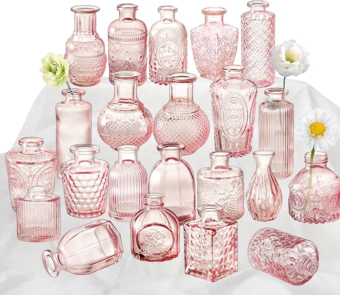 Pink Glass Bud Vase Set of 22, Small Vases by KAMJUNTAR