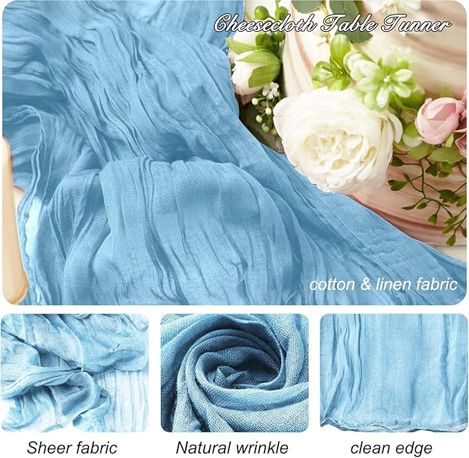 8 Pack 10Ft Table Runner 35x120 inch Baby Blue Boho Gauze Table Cheese Cloth - Image 2