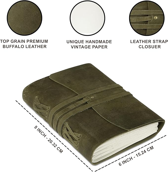 Handmade Leather Journal 8x6 Inch | Green Vintage Notebook - Image 3