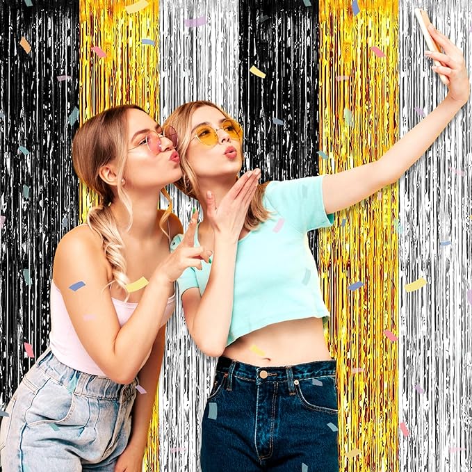 3 Pack Black Gold Silver Foil Fringe Curtain Backdrop, 3.28Ft x 8.2Ft Metallic - Image 5