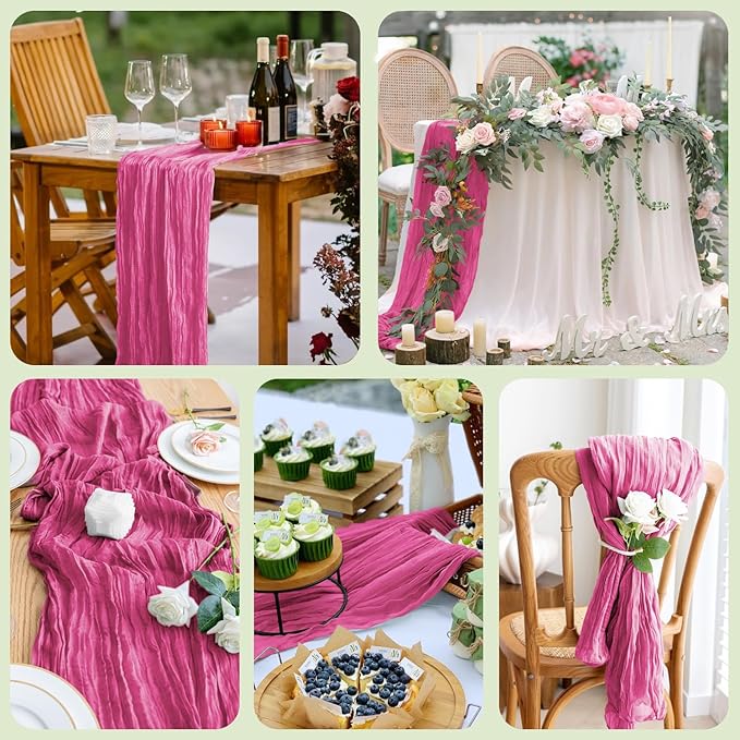 Asee'm 6pcs Cheesecloth Table Runner 120 Inches Long Deep Pink Boho Gauze - Image 7