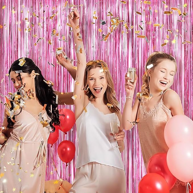 Pink Metallic Tinsel Foil Fringe Curtains, 2 Pack 3.3x8.3 Feet Party Streamer - Image 3