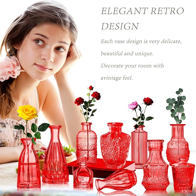 Red Glass Bud Vases Set, Crystal Mini Glasses in Bulk, Small Flower Design - Image 6
