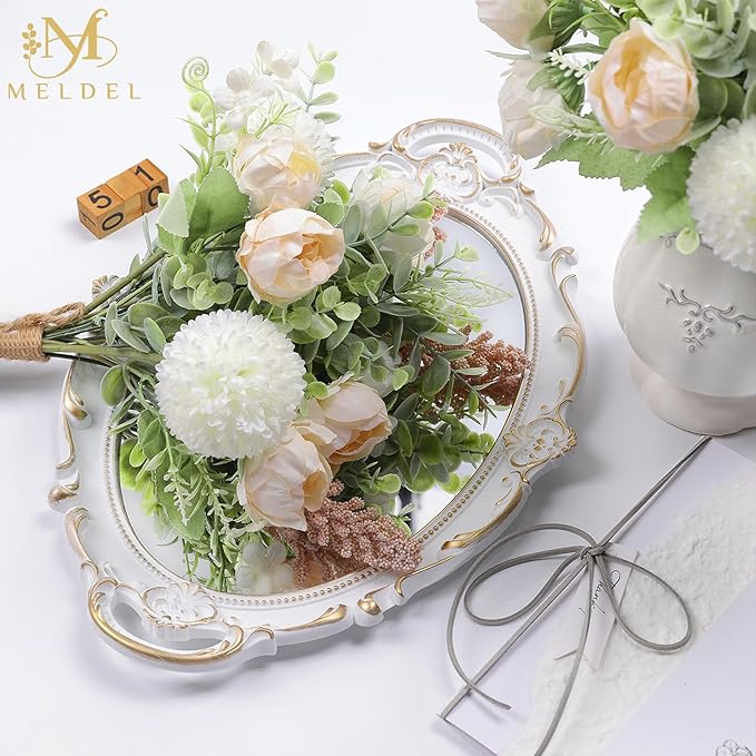 Meldel 3Pcs Rose Bouquet Light Champagne Artificial Flowers Peony Eucalyptus - Image 3