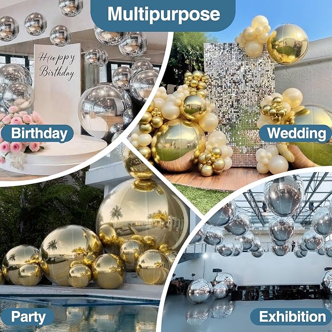 3PCS Gold Inflatable Mirror Ball, Big Shinny Balls Reusable Large PVC Disco - Image 5