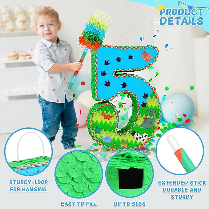 Number 5 Pinata for Birthday Party Decorations, Jungle Dinosaur Piñata Games Toy - Image 5