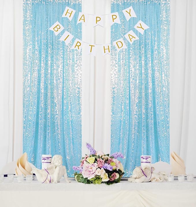 ShinyBeauty 4FTx8FT Iridescent Aqua Sequin Photo Backdrop | Glitter Fabric - Image 2