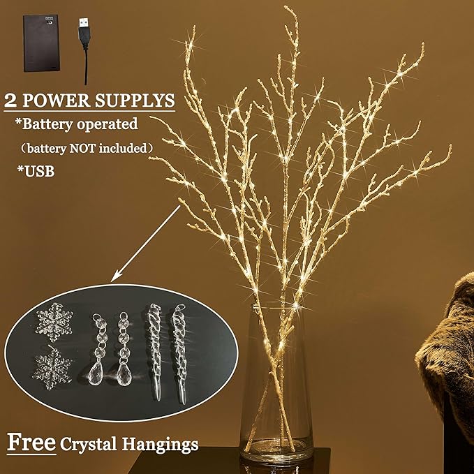 Hairui Lighted Branches with Iredescent Glitter 120 Fairy Lights USB Plug in - Image 3