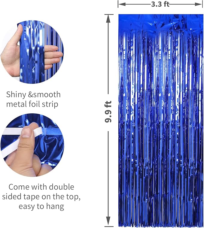 Crosize 4 Pack 3.3 x 9.9 ft Dark Blue Foil Fringe Curtains Party Decorations - Image 2