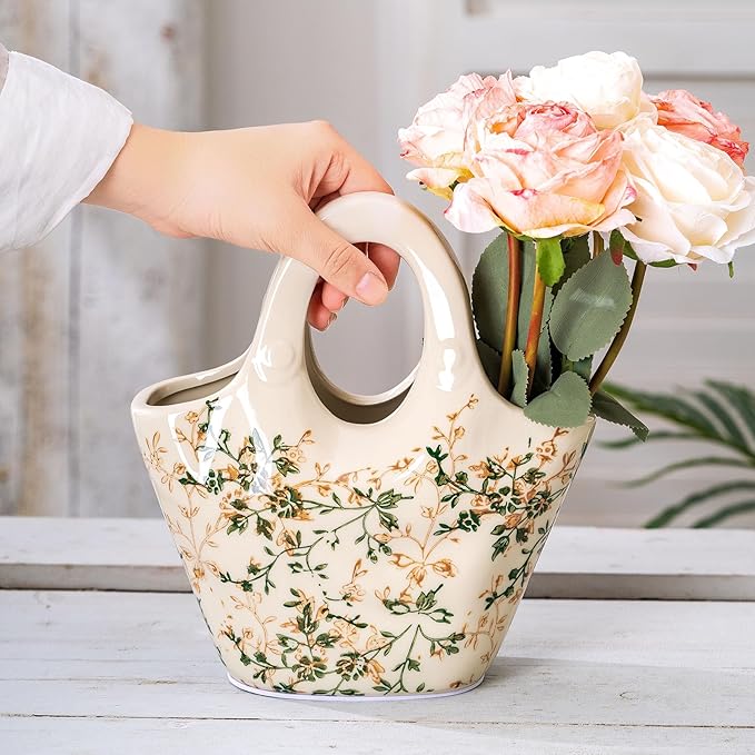 Ceramic Purse Vase for Flowers, Cute Handbag Vases, Vintage Green and Beige - Image 2