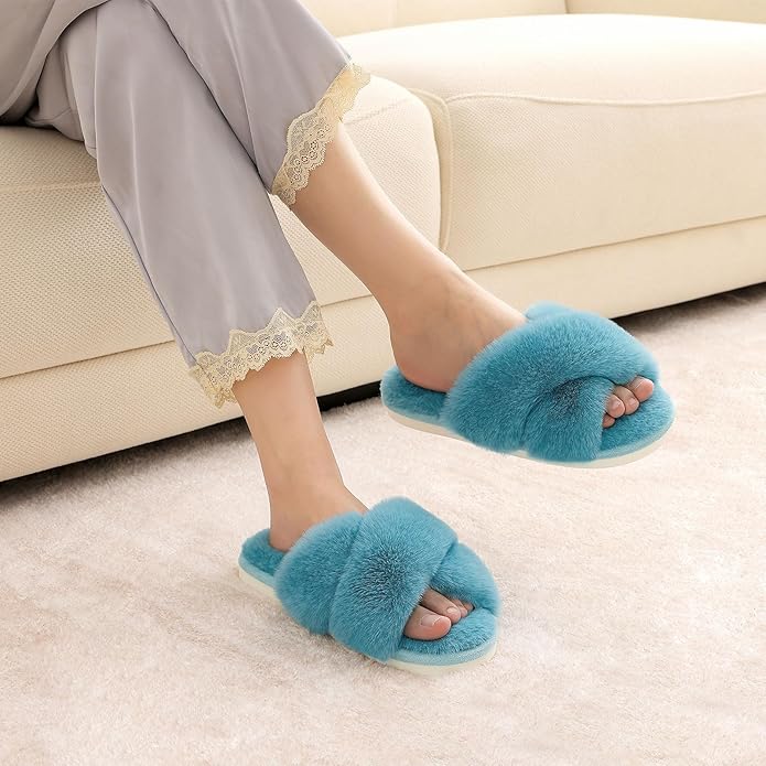 Evshine Women's Fuzzy Slippers Cross Band Memory Foam House Slippers Open Toe - Image 2