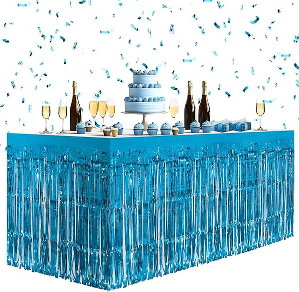 1 Pack Lake Blue Table Skirts, 29x108" Metallic Foil Tinsel Fringe Table Skirts by Unknown
