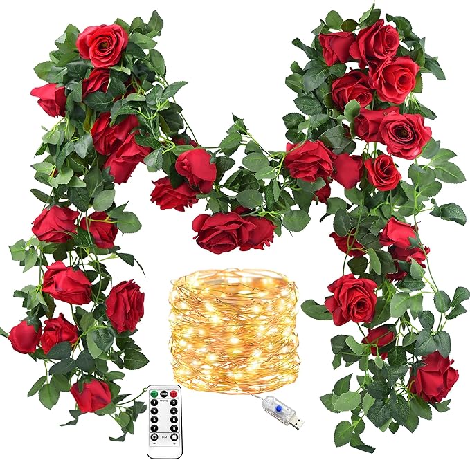 FiveSeasonStuff 29 Ft 4 Pack Christmas Red Rose Silk Flower Garland Artificial by FiveSeasonStuff