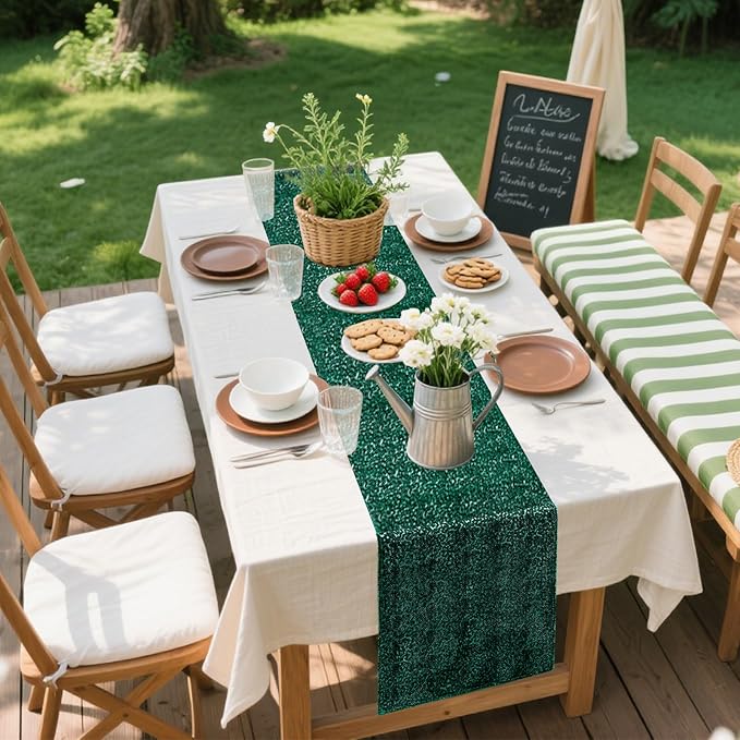 6 Packs 12 x 72 inches Sequin Table Runner, Hunter Green Glitter Table Runner - Image 3