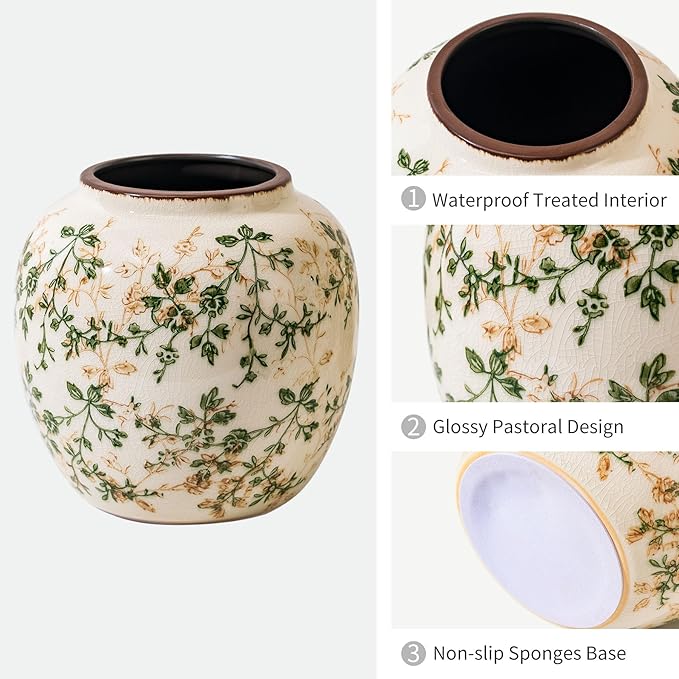 Vintage Green and Beige Round Pastoral Vase, Round Ceramic Floral Vases - Image 5