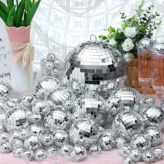Funtery 100 Pcs Mirror Disco Balls Bulk Assorted Silver Hanging Disco Ball Decor - Image 2