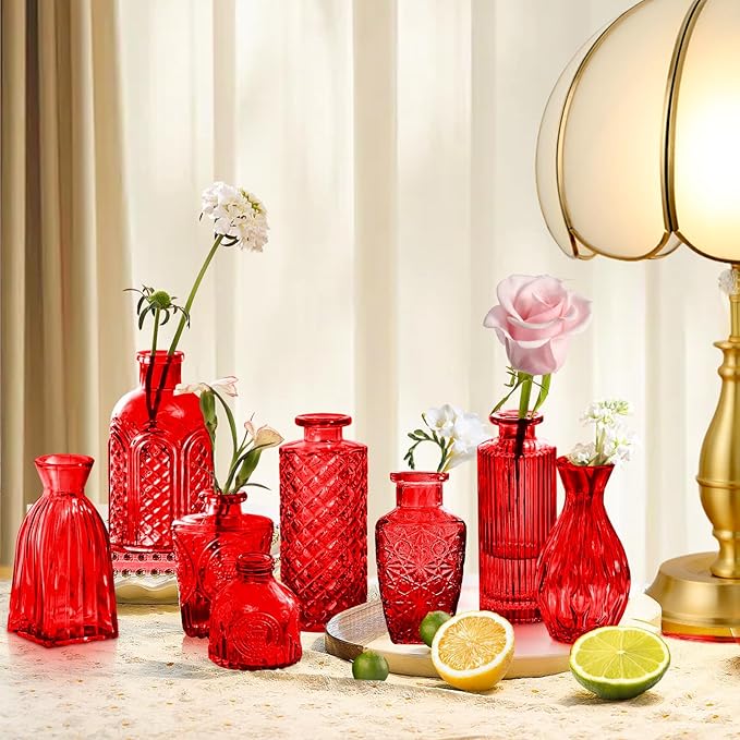 Red Glass Bud Vases Set, Crystal Mini Glasses in Bulk, Small Flower Design - Image 3