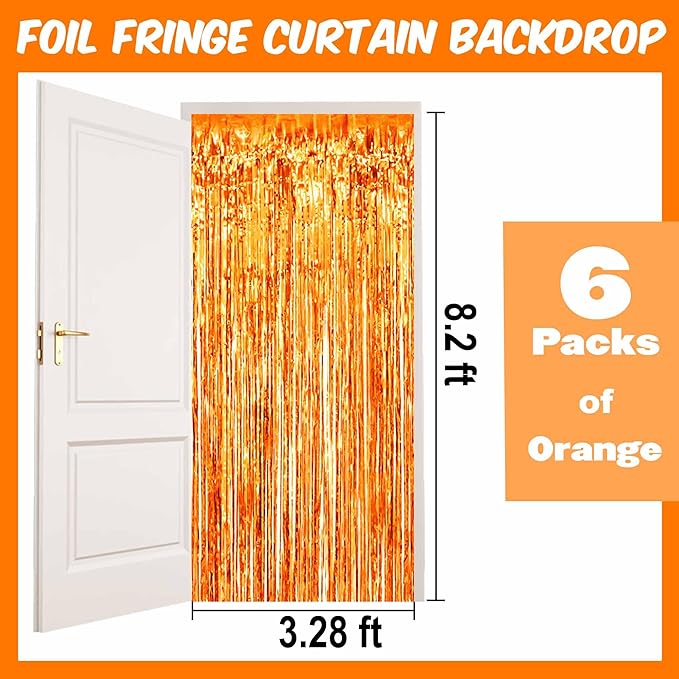 6 Pack Orange Foil Fringe Curtains Backdrop, 3.28 x 8.2 Ft Metallic Streamers - Image 2