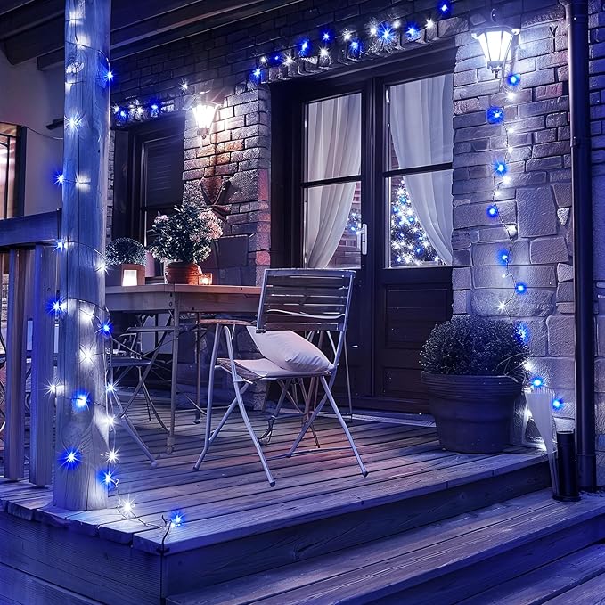 JMEXSUSS 2 Pack Blue & White Solar String Lights, Each 100 LED 33ft, Waterproof - Image 6