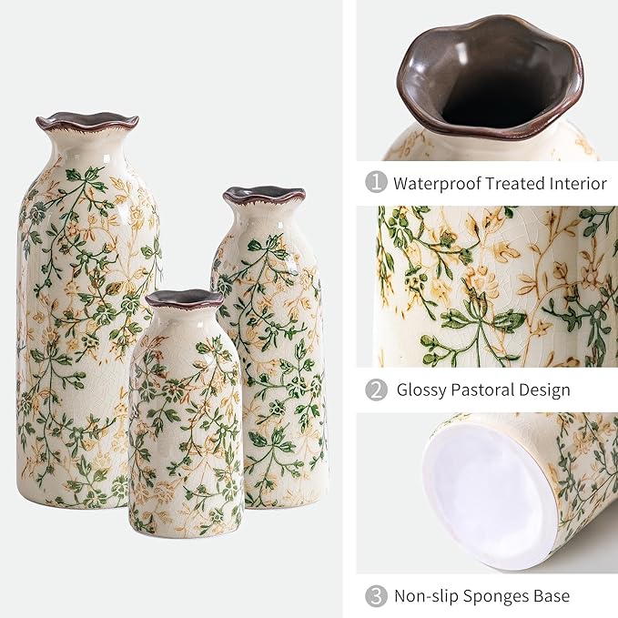 Ceramic Vase Set of 3, Vintage Green and Beige Vases Set, Flower Rustic - Image 5