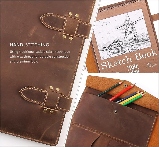 Robrasim Handmade Leather Sketchbook Cover, Artist Sketch Pad Holder - Image 4