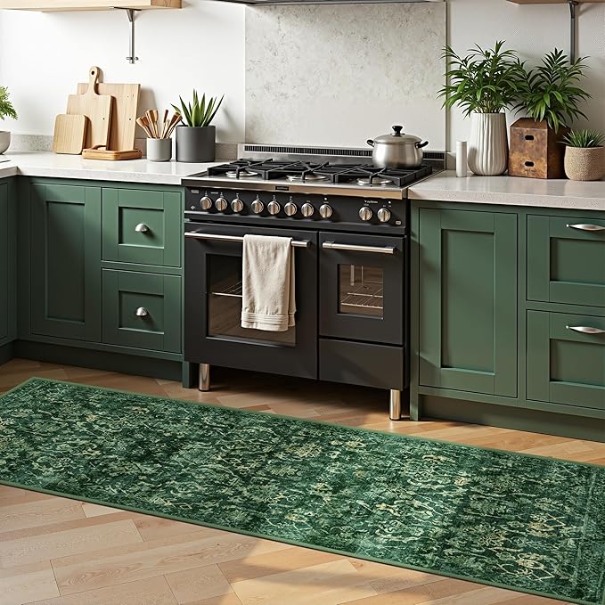 Dark Green 3x7 Runner Rug for Hallways Bed Side Kitchen, Boho Washable - Image 4
