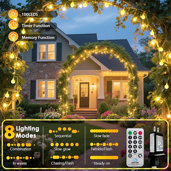 LORRYTE Connectable 43FT 100LED Globe String Lights | 8 Modes Warm White - Image 6