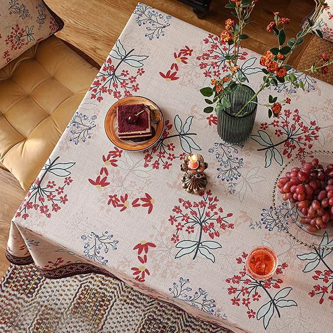 patdrea Designer Linen French Long Rectangular Table Cloth, Vintage Red Floral - Image 3