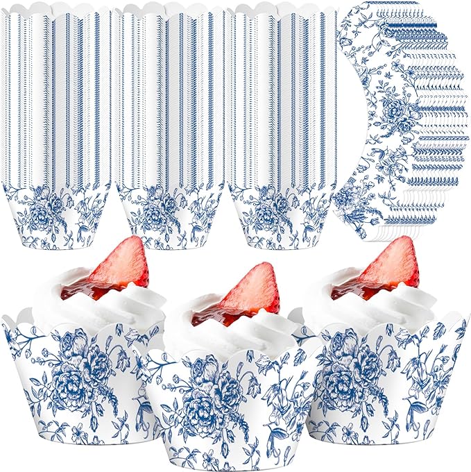 Domensi 100 Pcs Blue Floral Cupcake Wrappers Rustic Cupcake Liners Baking Cups by Domensi