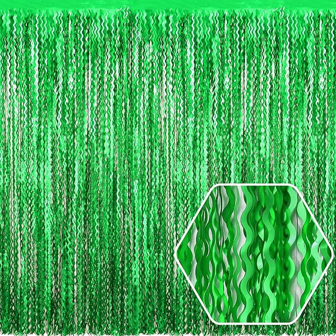 4 Pack Green Wave Foil Fringe Curtain Backdrop, 3.28Ft x 8.2Ft Metallic Tinsel by Ferwzsr