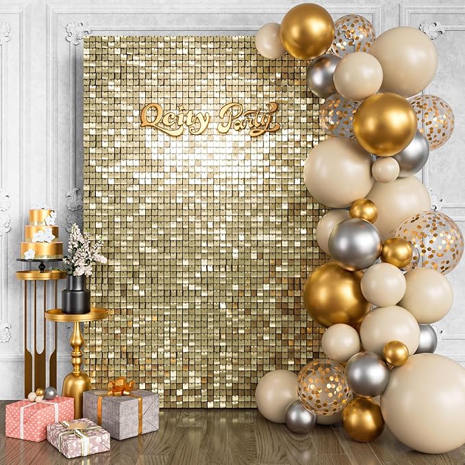 Qcity Light Gold Shimmer Wall Backdrop 24PCS, Square Sequin Glitter Backdrop by QCITY