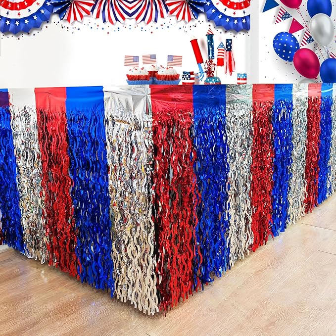 CCINEE 4 Pack 4th Of July Foil Fringe Table Skirt, 36ft Wavy Metallic Tinsel by CCINEE