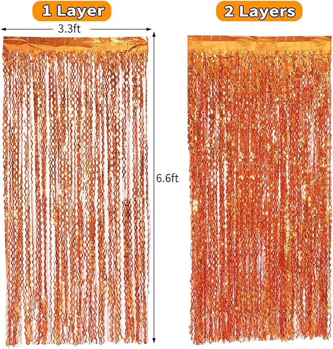 4 Pack Orange Wavy Metallic Tinsel Foil Fringe Curtains | 3.3 ft x 6.6 ft Party - Image 5