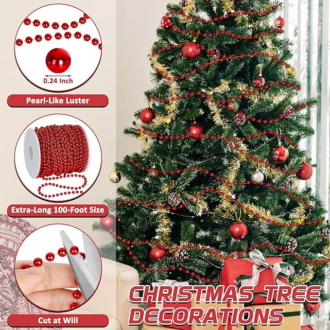 100 Feet Christmas Tree Decorations, Christmas Red Hanging Beads Garland Chain - Image 3