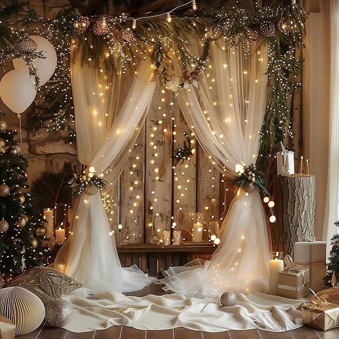 Tulle Backdrop Curtains with Lights String 10FT X 8FT Champagne Sheer Curtain - Image 7