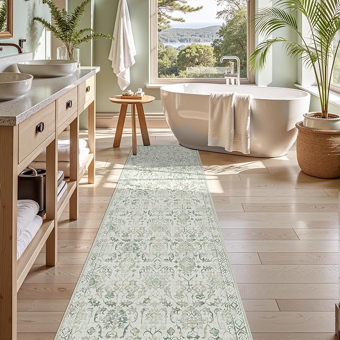 Green 3x12 Runner Rug for Hallways Bed Side Kitchen, Boho Washable Distressed - Image 2