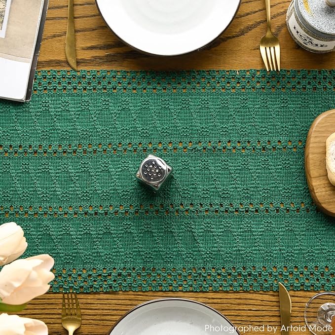Artoid Mode Dark Green Farmhouse Woven Rustic Hollow Table Runner, Seasonal - Image 3
