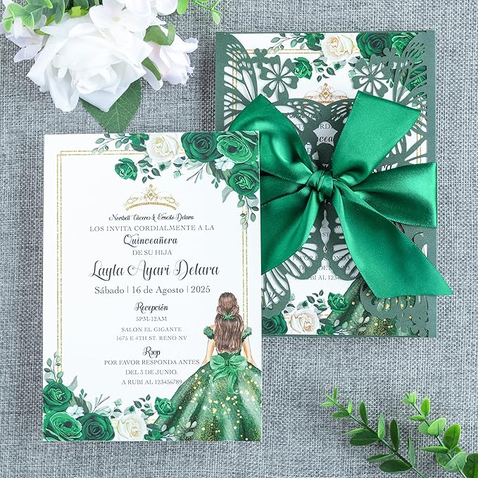 20 PCS 5.12x7.2 Butterfly Personalized Quinceanera Invitation, Customized XV by FEIYI